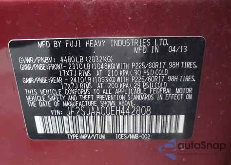 2014 Subaru Forester 2.5I из США, поврежденный, VIN JF2SJAAC0EH442808